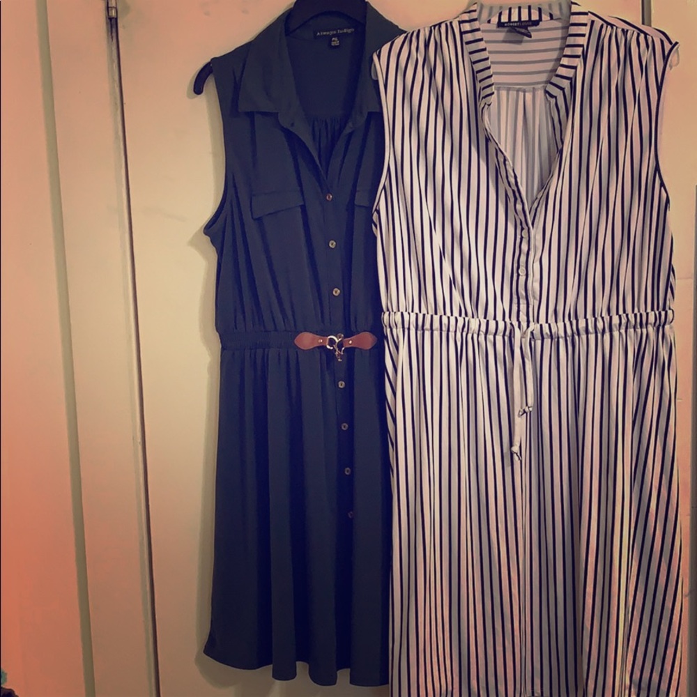 Olive green & black and white waist tie dress